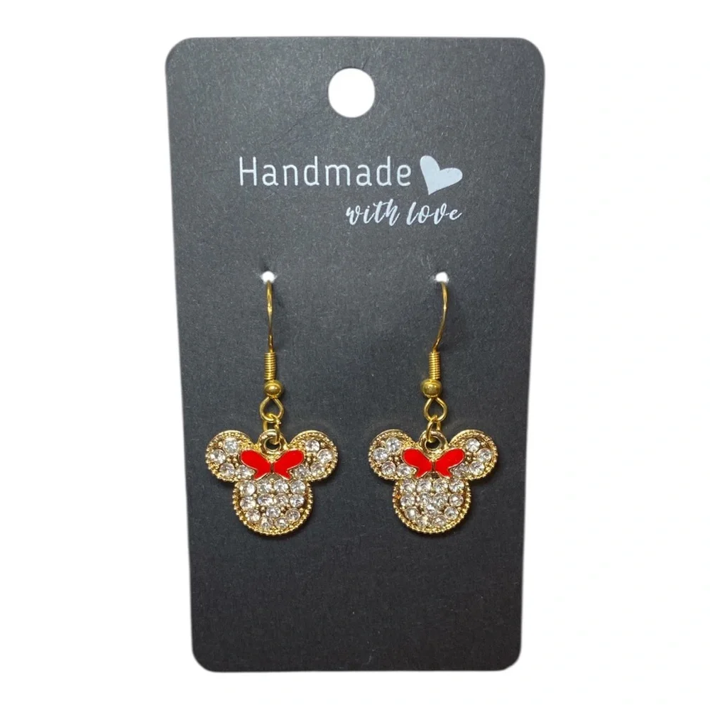 Handmade Gold Rhinestone Minnie Earrings - Picture 2 of 2